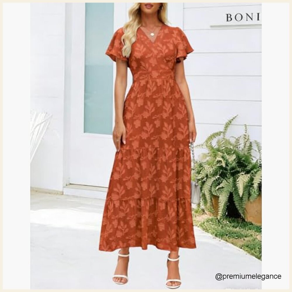 Boho Floral Maxi Dress Wrap V Neck Flutter Sleeve Tiered A Line Summer - Picture 3 of 7